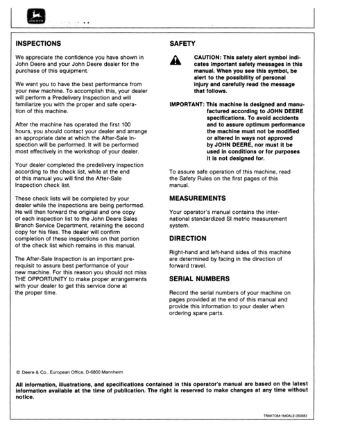 John Deere 940 1040 1140 Tractor Operation & Maintenance Manual