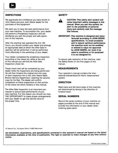 John Deere 940 1040 1140 Tractor Operation & Maintenance Manual