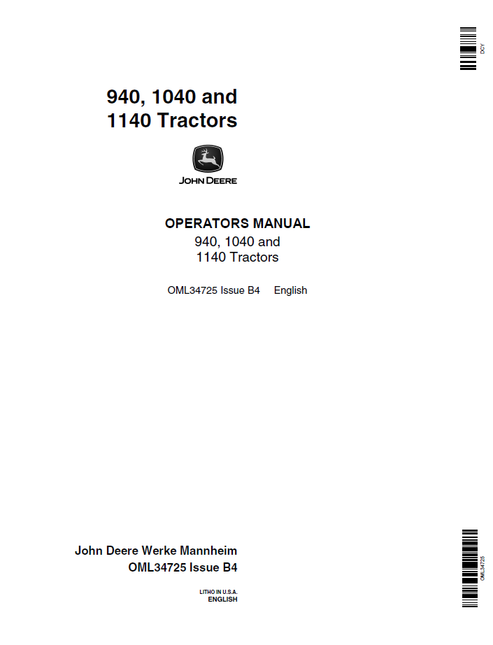 John Deere 940 1040 & 1140 Tractor Operator Manual OML34725