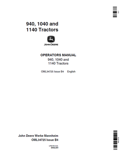 John Deere 940 1040 & 1140 Tractor Operator Manual OML34725