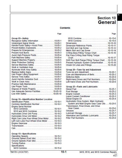 John Deere 9410 9510 9610 Agricultural Combine Repair Manual