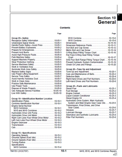 John Deere 9410 9510 9610 Agricultural Combine Repair Manual