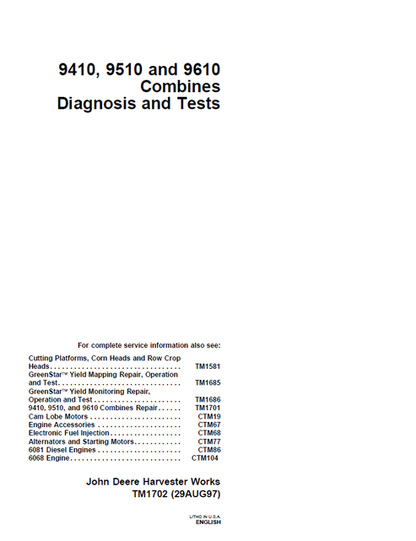 John Deere 9410 9510 & 9610 Combine Diagnostic Manual TM1702