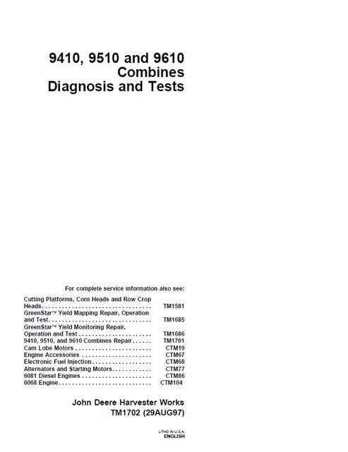 John Deere 9410 9510 & 9610 Combine Diagnostic Manual TM1702