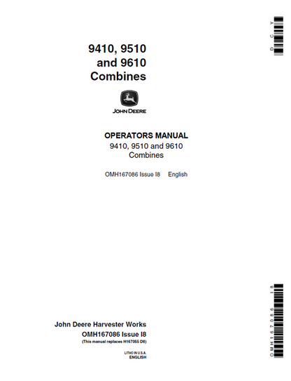 John Deere 9410, 9510 & 9610 Combine Operator Manual OMH167086