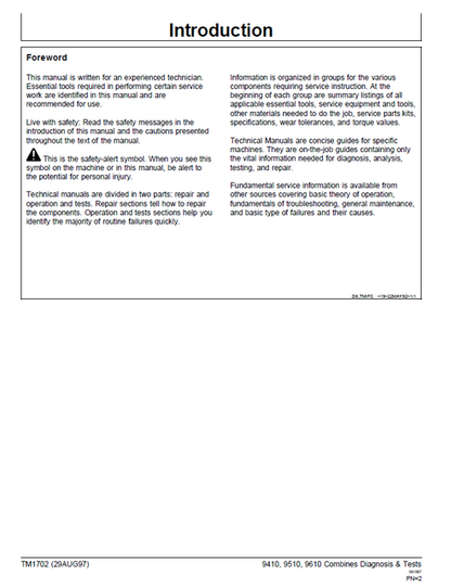John Deere 9410 9510 9610 Combine Technical Diagnostic Manual