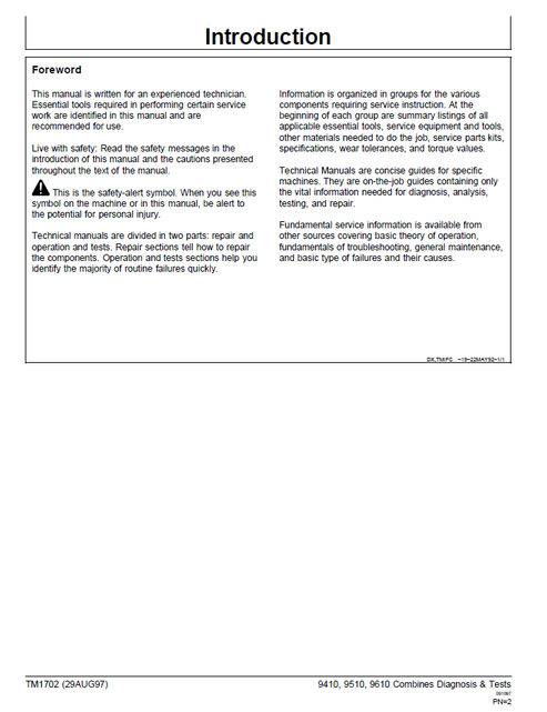 John Deere 9410 9510 9610 Combine Technical Diagnostic Manual