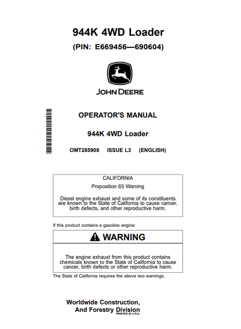 John Deere 944K 4WD Loader Operator Manual PDF OMT285908
