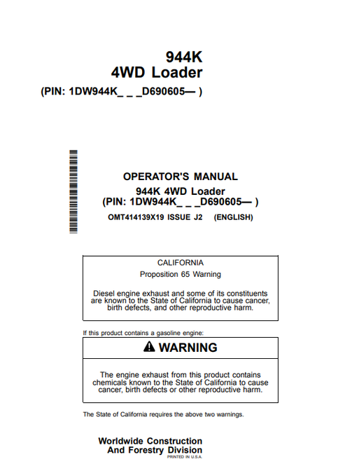 John Deere 944K 4WD Loader Operator Manual PDF OMT414139X19