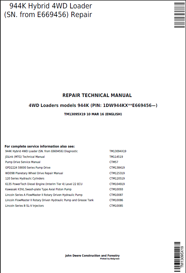 John Deere 944K Hybrid 4WD Loader Repair Technical Manual TM13095X19 PDF