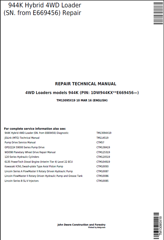 John Deere 944K Hybrid 4WD Loader Repair Technical Manual TM13095X19 PDF