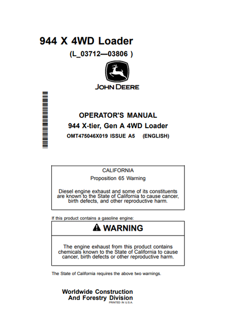 John Deere 944 X-Tier Gen A 4WD Loader Operator Manual PDF