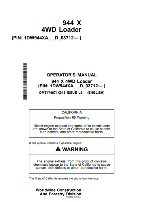 John Deere 944 X 4WD Loader Operator Manual PDF OMT474671X019