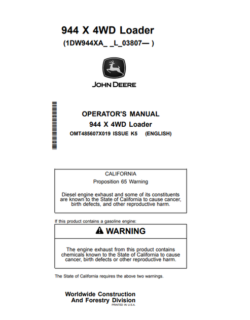 John Deere 944 X 4WD Loader Operator Manual PDF OMT485607X019