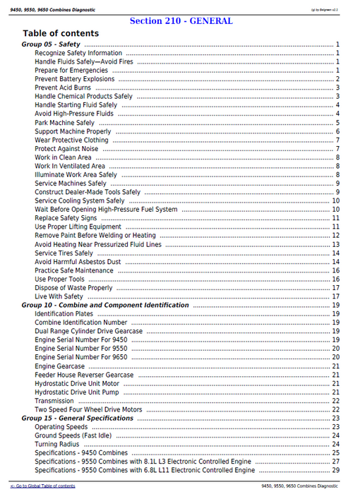 John Deere 9450-9650 Combine Troubleshooting & Diagnostic Manual