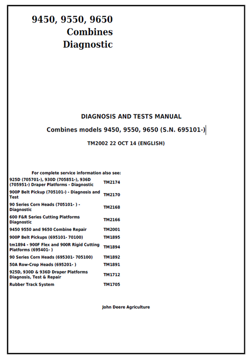 John Deere 9450 9550 9650 Combine Diagnosis Test Manual TM2002