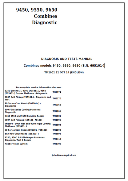 John Deere 9450 9550 9650 Combine Diagnosis Test Manual TM2002