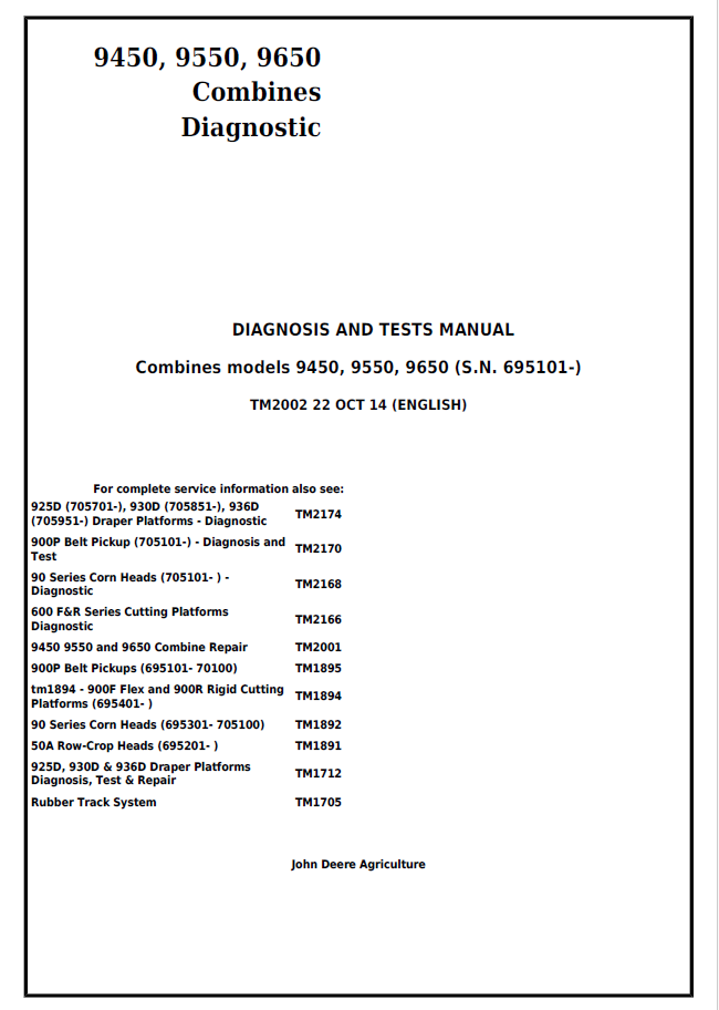 John Deere 9450, 9550, 9650 Combines Diagnosis Technical Manual TM2002 PDF