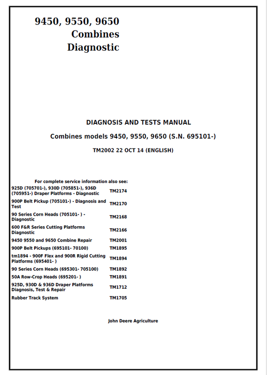John Deere 9450, 9550, 9650 Combines Diagnosis Technical Manual TM2002 PDF