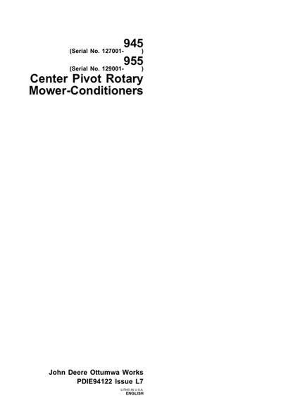 John Deere 945 & 955 Center Pivot Rotary Mower Conditioner PDI Manual