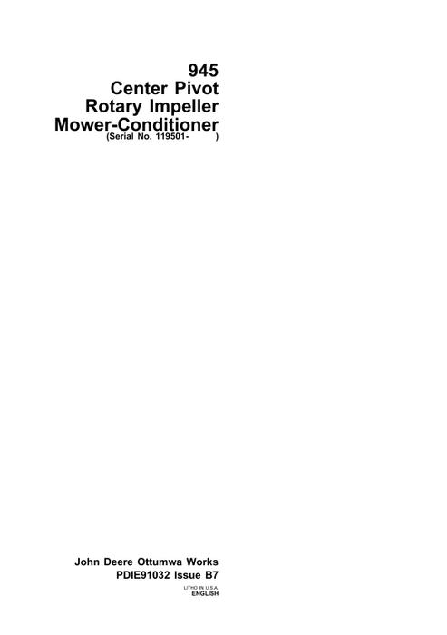 John Deere 945 Center Pivot Rotary Impeller Mower Conditioner PDI Manual