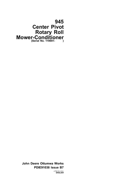 John Deere 945 Center Pivot Rotary Roll Mower Conditioner PDI Manual