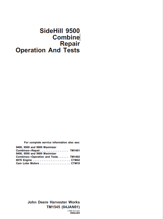 John Deere 9500 Combine Operation and Test Manual TM1545 PDF
