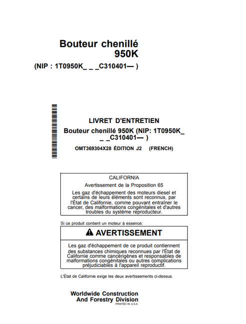 John Deere 950K Bouteur Chenillé Operator Manual OMT369304X28