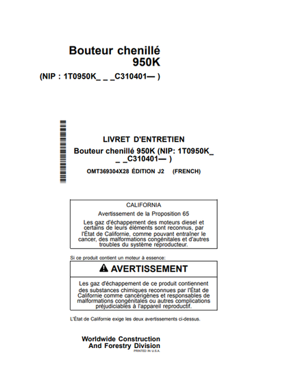 John Deere 950K Bouteur Chenillé Operator Manual OMT369304X28