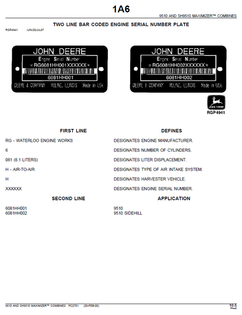 John Deere 9510 Maximizer Combine Parts Identification Manual PC2701