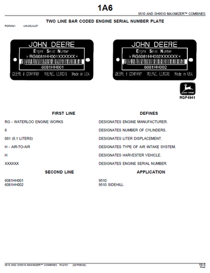 John Deere 9510 Maximizer Combine Parts Identification Manual PC2701