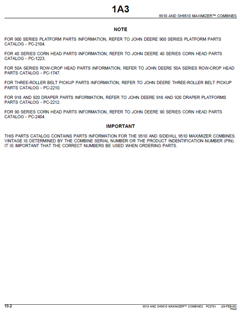 John Deere 9510 Maximizer Combine Parts Manual PC2701 PDF