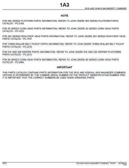 John Deere 9510 Maximizer Combine Parts Manual PC2701 PDF