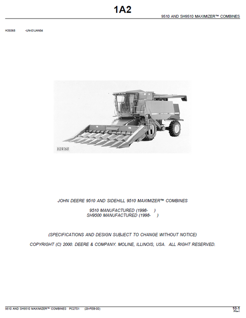 John Deere 9510 Sidehill Maximizer Combine Parts Catalogue PC2701