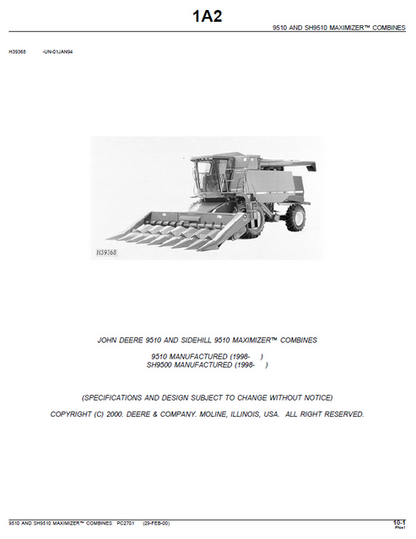 John Deere 9510 Sidehill Maximizer Combine Parts Catalogue PC2701