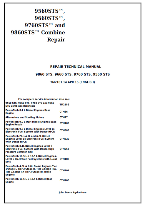 John Deere 9560STS 9660STS 9760STS 9860STS Repair Manual TM2181