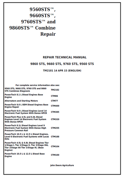 John Deere 9560STS 9660STS 9760STS 9860STS Repair Manual TM2181