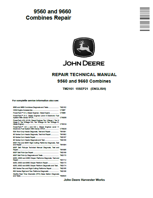 John Deere 9560 and 9660 Combines Repair Technical Manual TM2161 PDF 