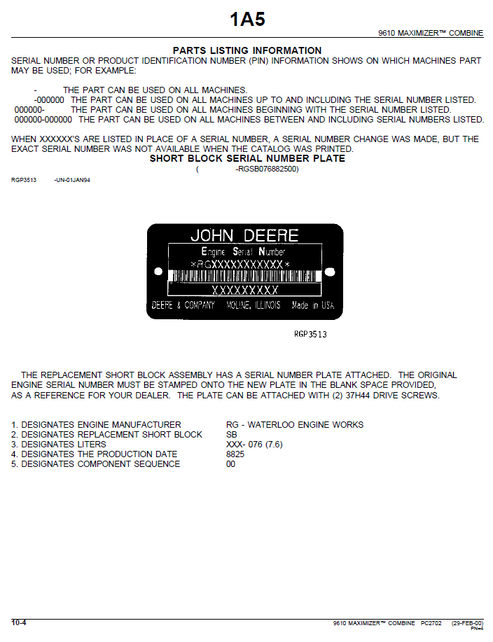 John Deere 9610 Combine With 900 Series Cutting Platform Parts Manual