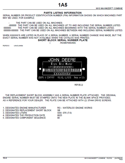 John Deere 9610 Combine With 900 Series Cutting Platform Parts Manual