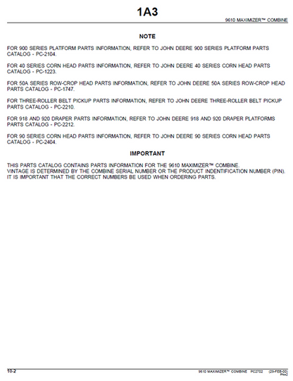 John Deere 9610 Maximizer & 900 Series Parts Manual PC2702