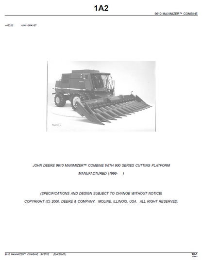 John Deere 9610 Maximizer Combine Parts Catalogue PC2702 PDF