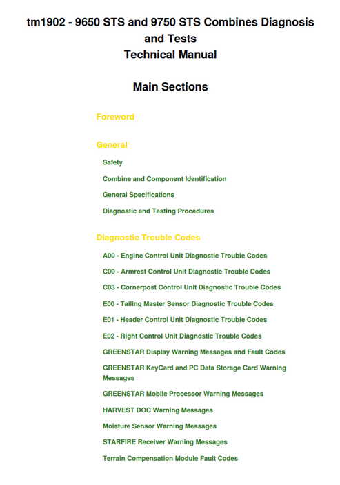 John Deere 9650 9750 STS Combine Diagnosis Test Manual TM1902