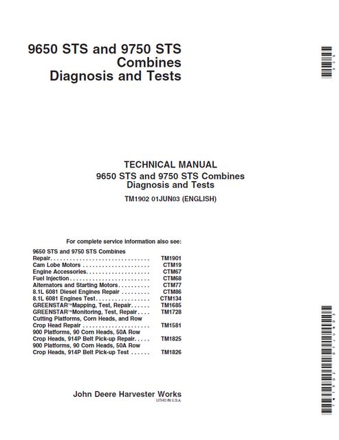 John Deere 9650 STS & 9750 STS Combine Diagnosis Test Manual TM1902