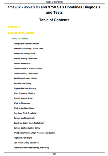 John Deere 9650 STS & 9750 STS Combine Diagnostic Manual PDF