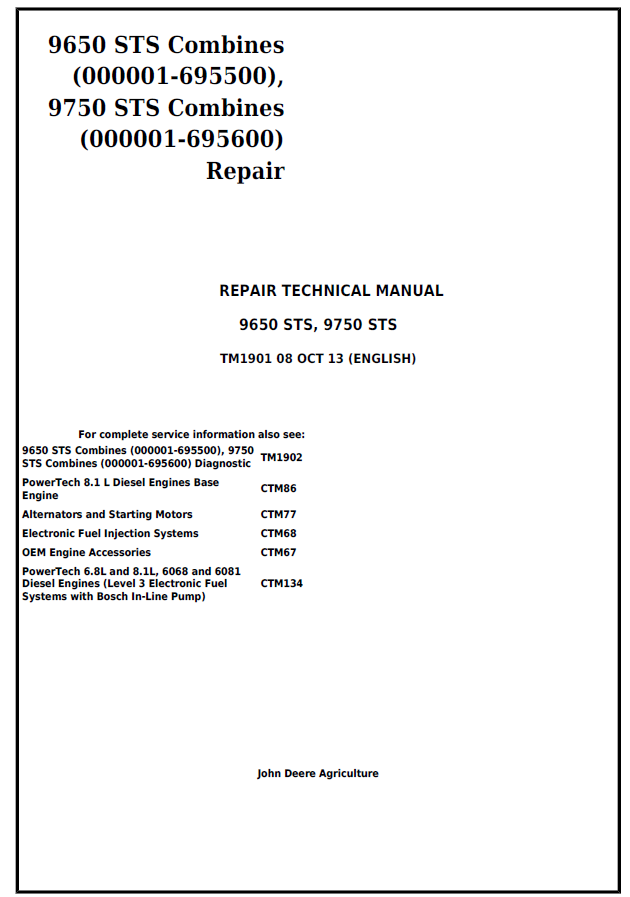John Deere 9650 STS, 9750 STS Combines Repair Technical  Manual TM1901 PDF