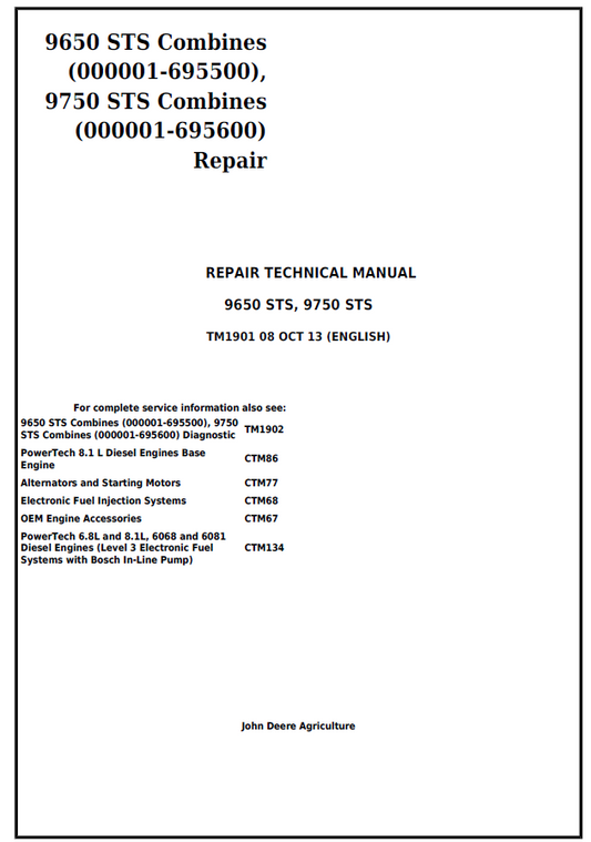 John Deere 9650 STS, 9750 STS Combines Repair Technical  Manual TM1901 PDF