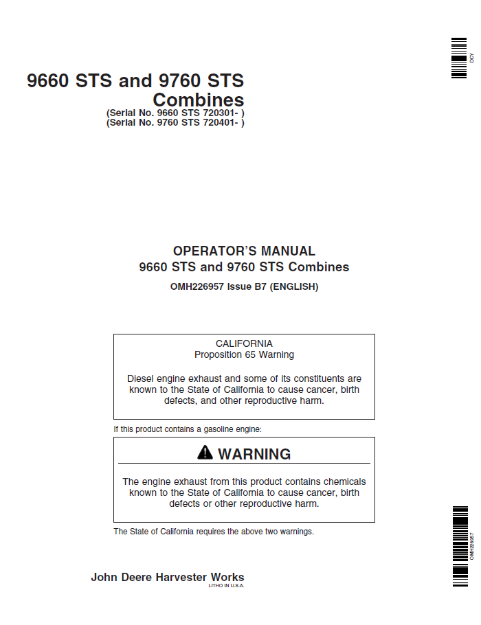 John Deere 9660 STS and 9760 STS Combines Operator Manual OMH226957 PDF