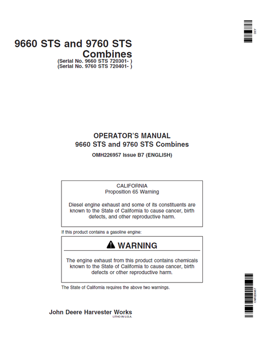 John Deere 9660 STS and 9760 STS Combines Operator Manual OMH226957 PDF