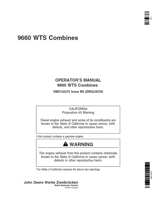 John Deere 9660 WTS Combine Operator Manual OMZ102275